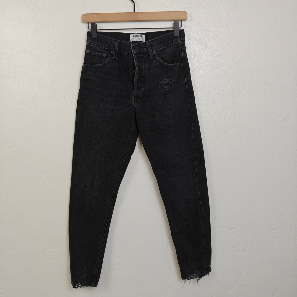 Agolde Womens Jamie High Rise Classic Jeans 24 Black Distressed Raw Hem Edgy